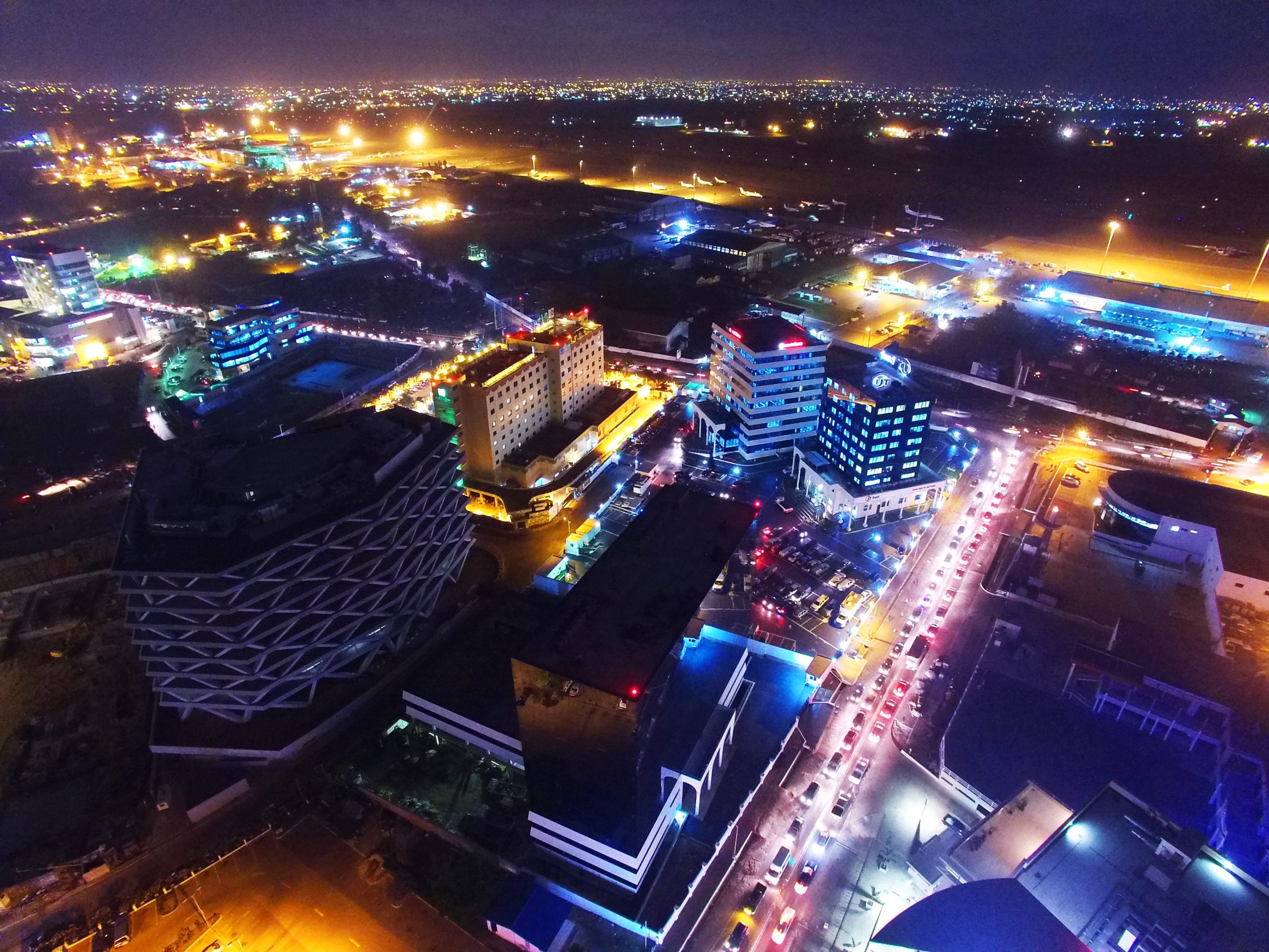 Accra from the sky at night. Shot by Aero Shutter