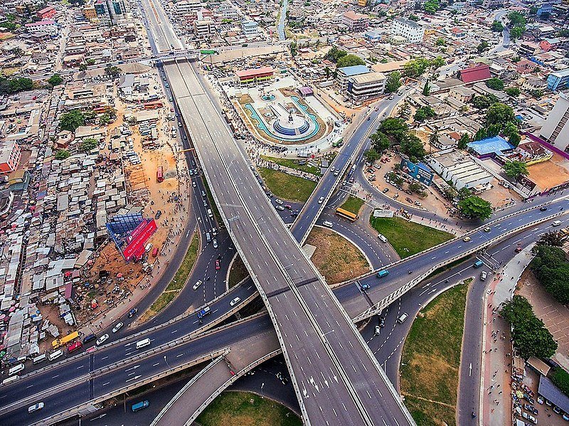 Accra City road network at Kwame Nkrumah Interchange Circle Dubai aerial view