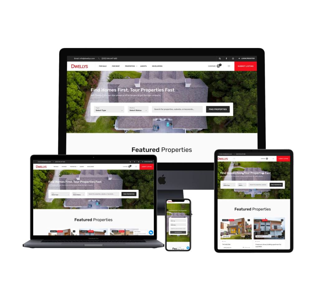 Ghana's Online Real Estate Platforms 8 Dwellys real estate portal homepage on different devices, laptop, iMac, iPhone, iPad